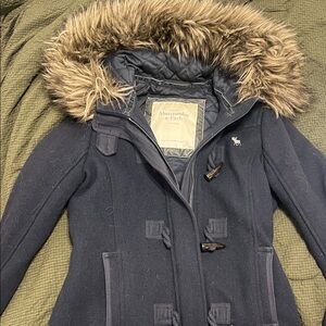 Abercrombie & Fitch Women's Dark Blue Puffer with Faux Fur Hood